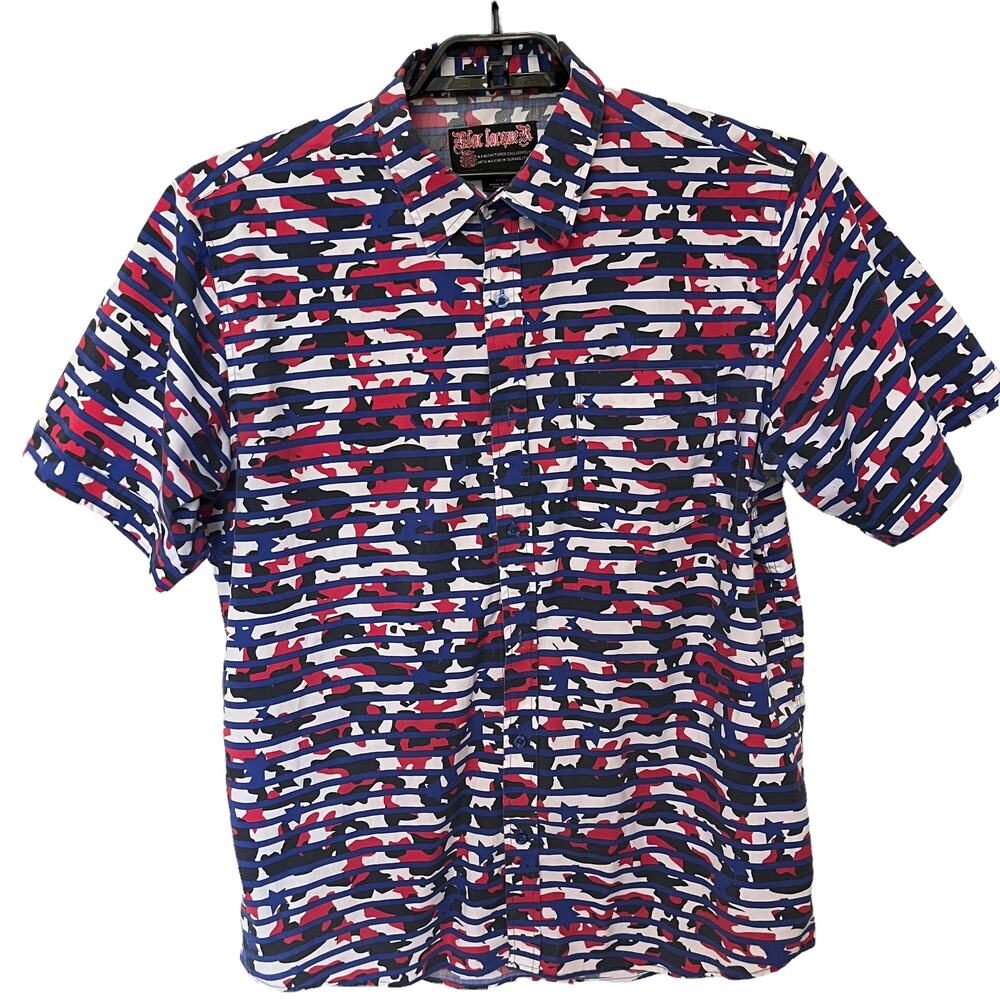 Blac Lacquer Button Up Mens Top Sz XL Stripe Abstract Y2k Patriotic Camo 90s